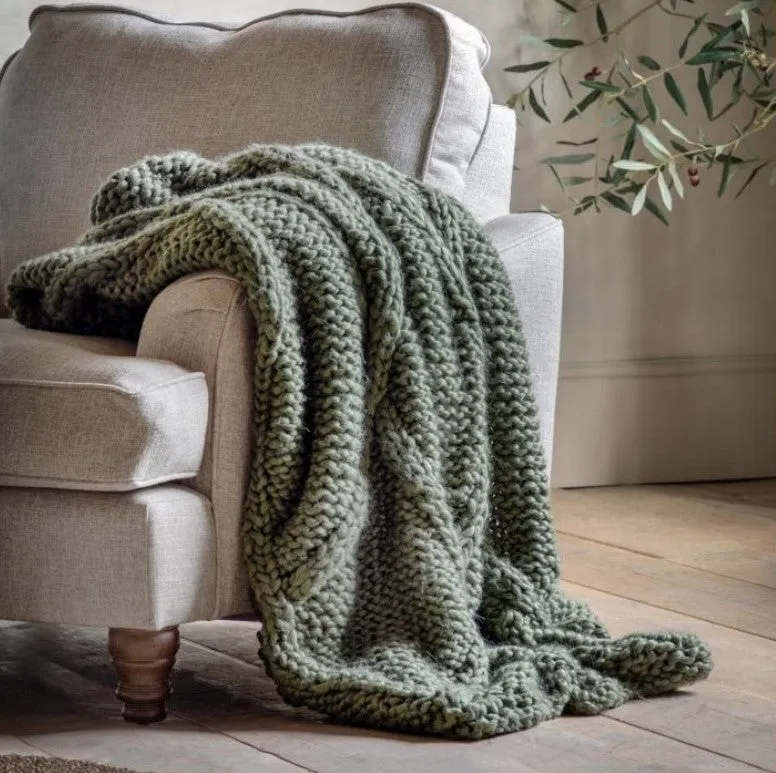 Cable Knit Diamond Olive Green Throw