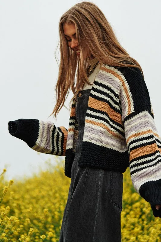 Chunky Knit Multi-Striped Open Sweater Cardigan