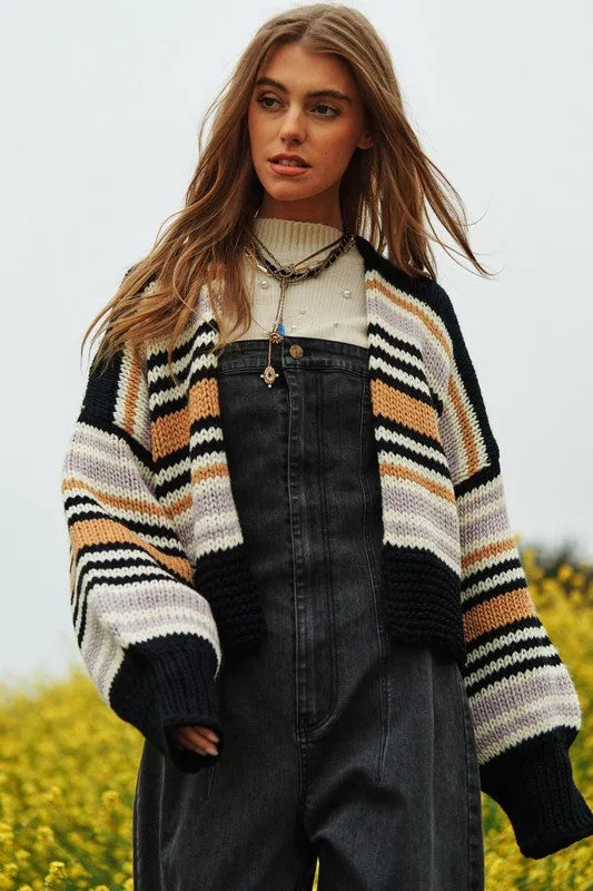 Chunky Knit Multi-Striped Open Sweater Cardigan