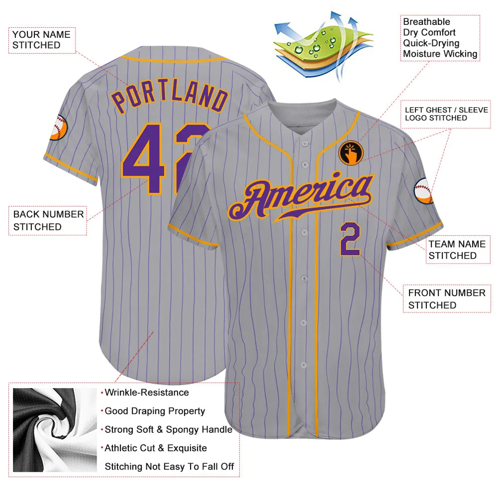 Custom Gray Purple Pinstripe Purple-Gold Authentic Baseball Jersey