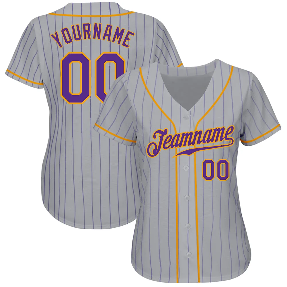 Custom Gray Purple Pinstripe Purple-Gold Authentic Baseball Jersey