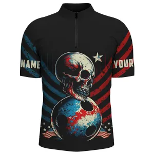 Customize Vintage American Flag Skull Bowling Shirts For Men, Men'S Quarter Zip Shirts Bowling Team