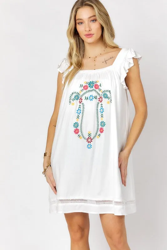 Embroidered Square Neck Mini Dress