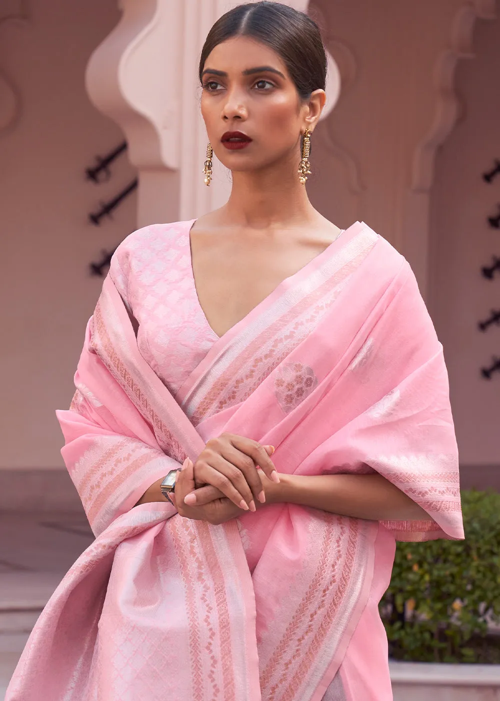 Flamingo Pink Woven Linen Silk Saree