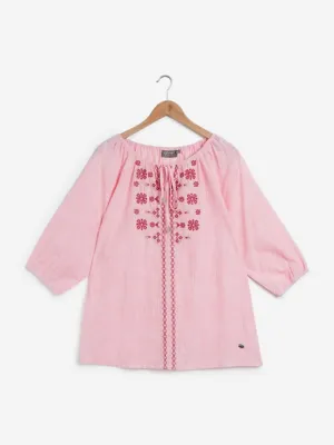 Gia Curves Pink Embroidered Cotton Top