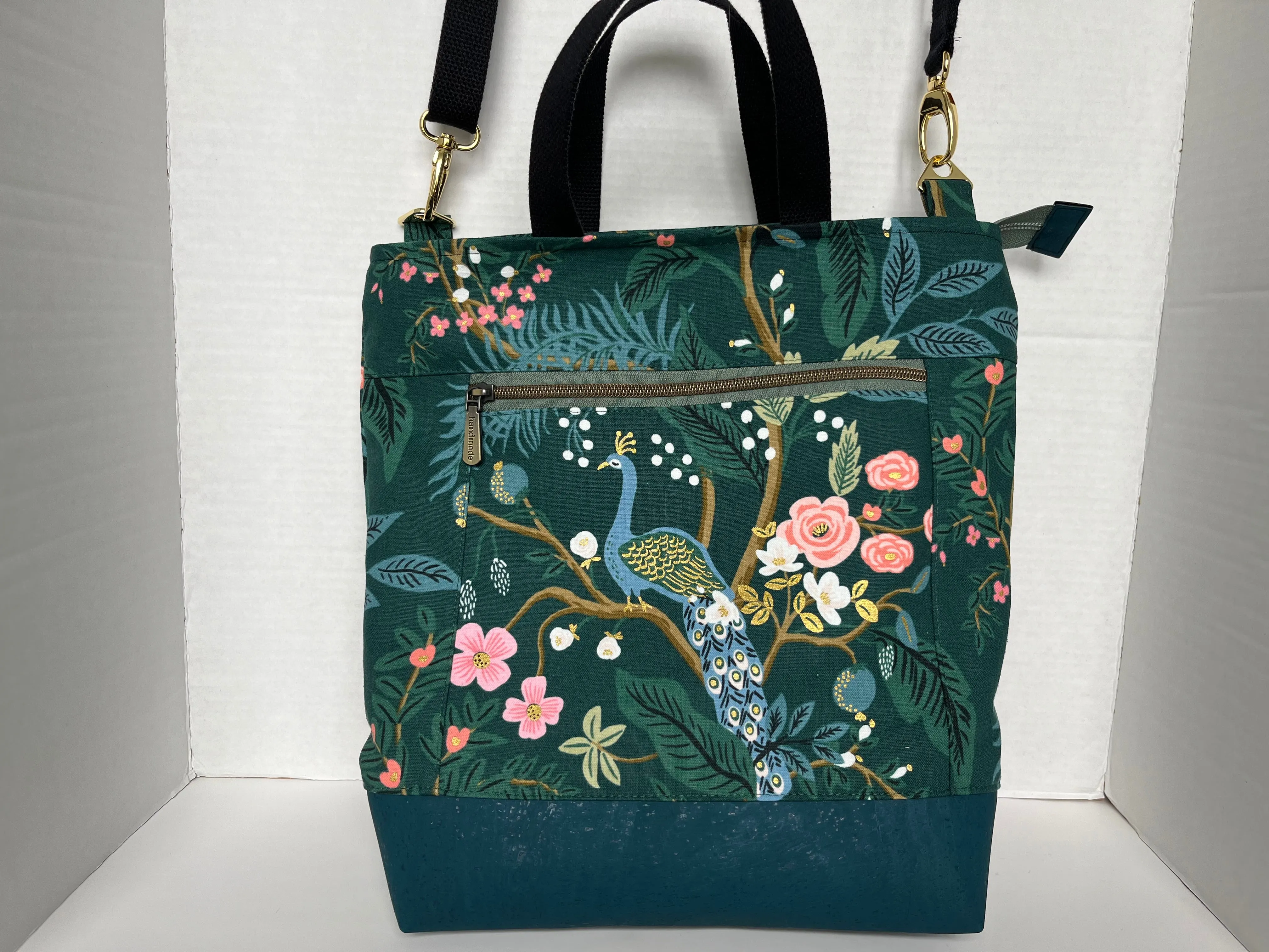 Green Peacock Themed Rifle Paper Co Canvas Cross body Tote Bag