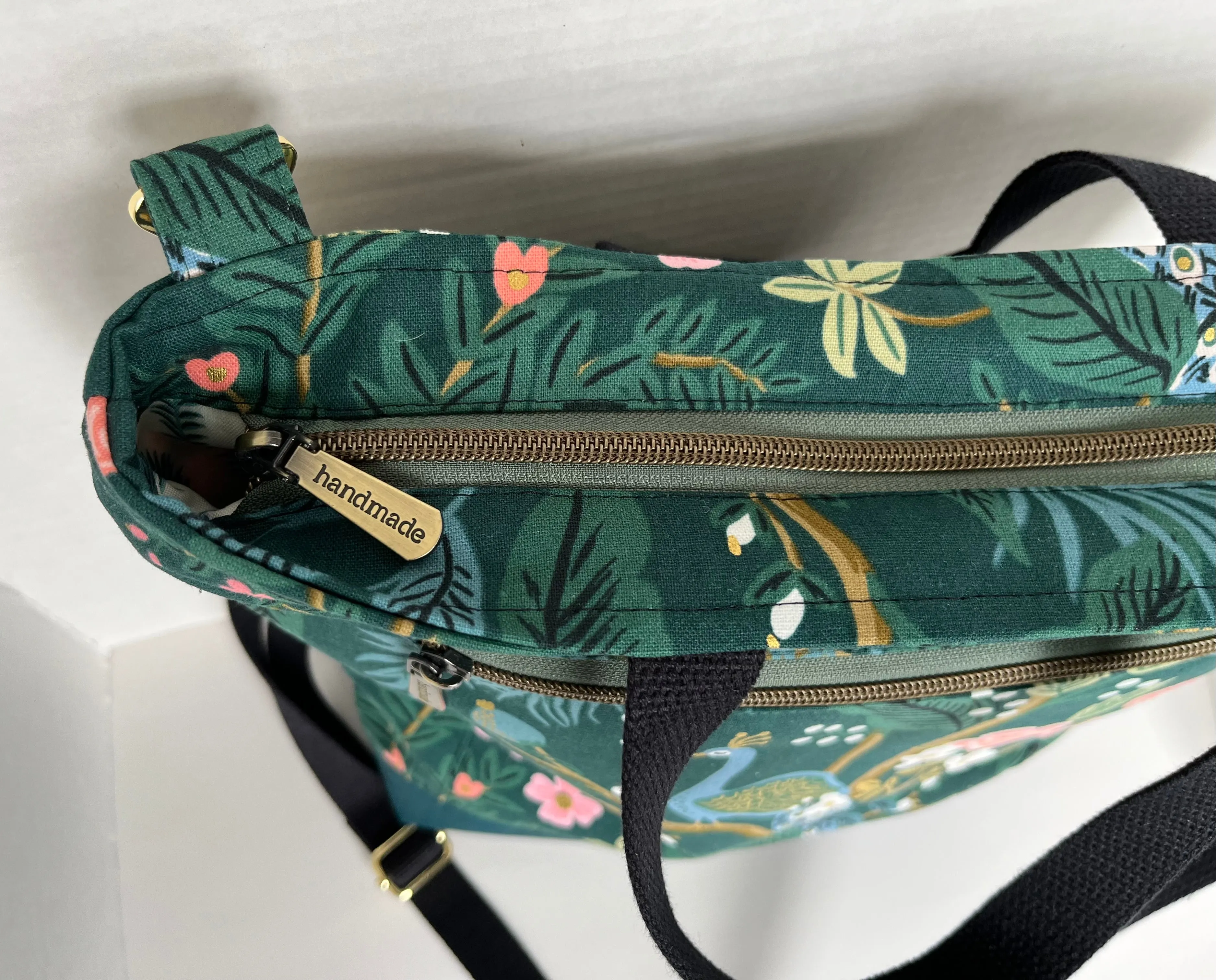 Green Peacock Themed Rifle Paper Co Canvas Cross body Tote Bag