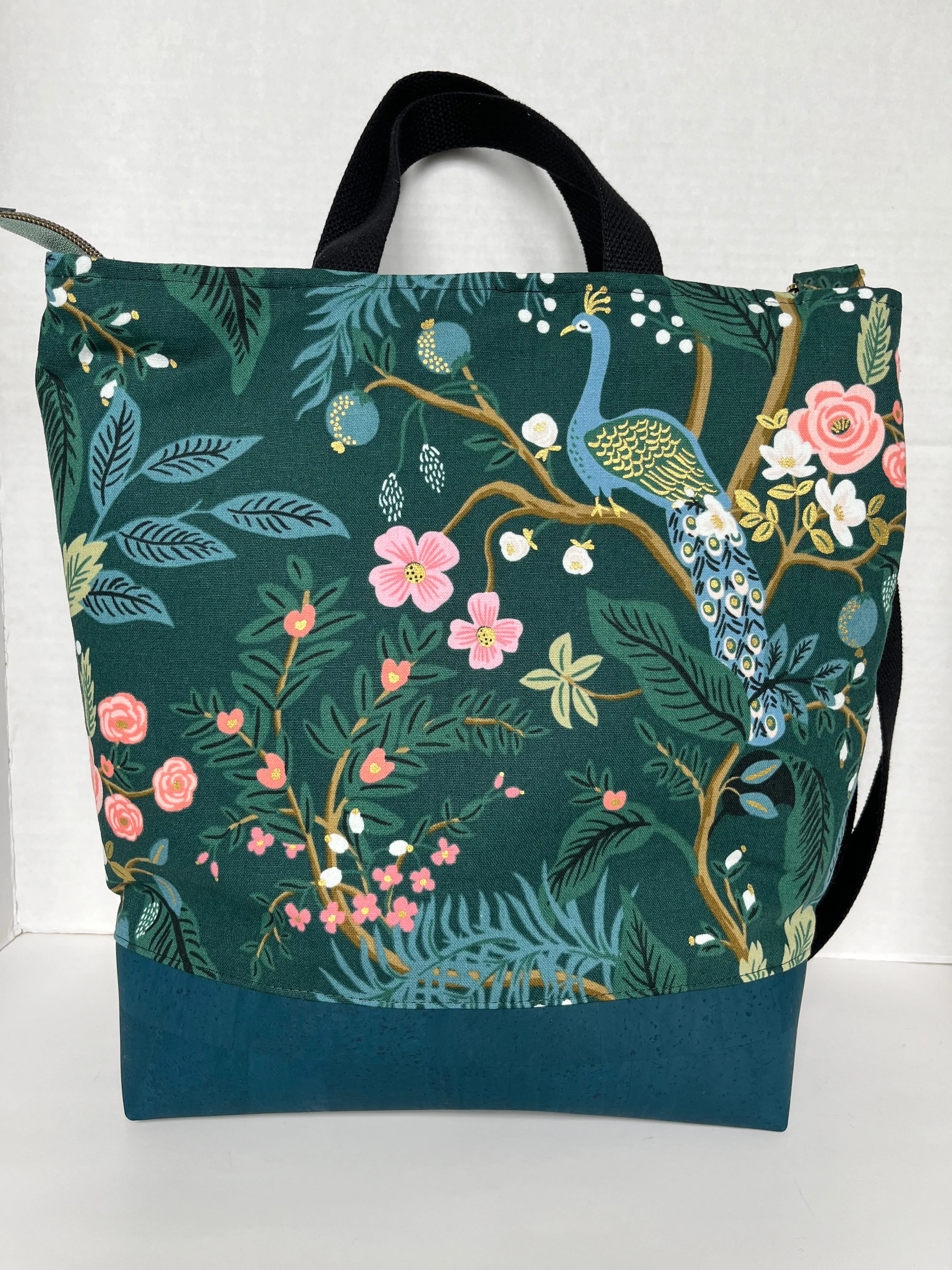 Green Peacock Themed Rifle Paper Co Canvas Cross body Tote Bag