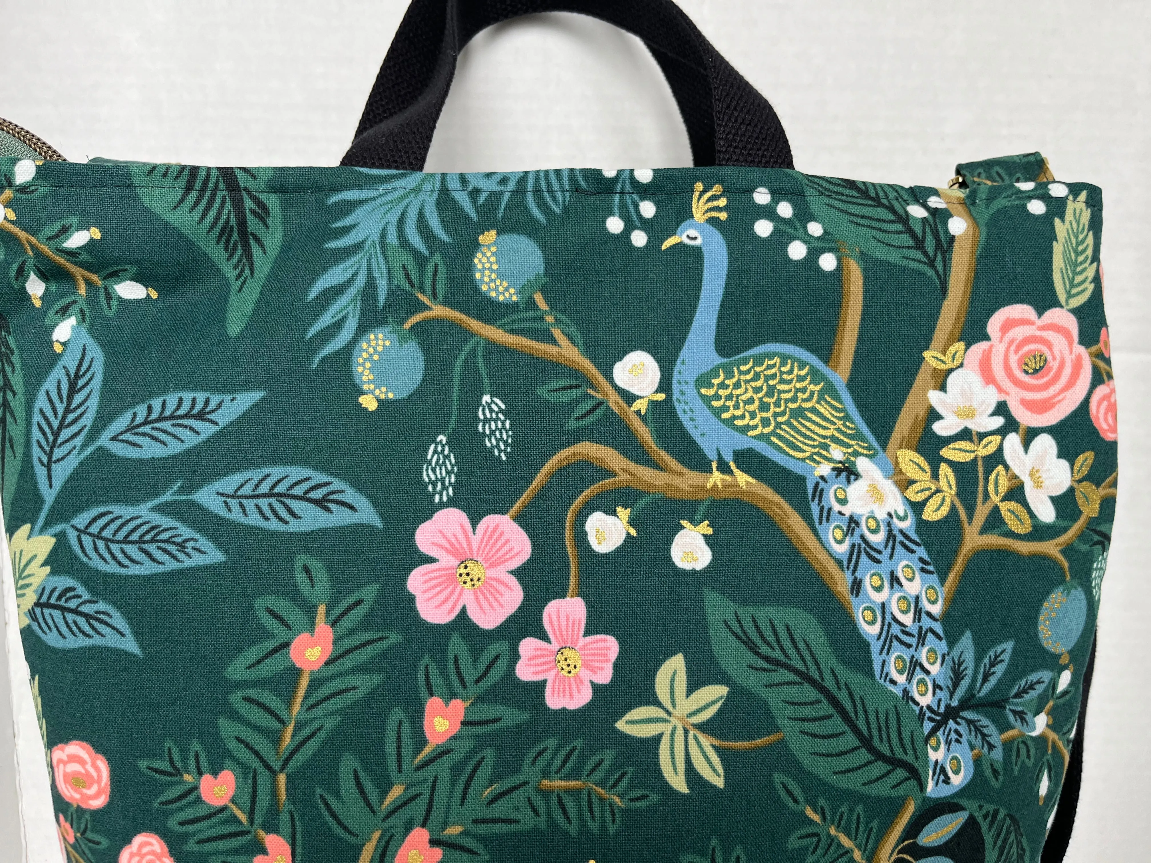 Green Peacock Themed Rifle Paper Co Canvas Cross body Tote Bag