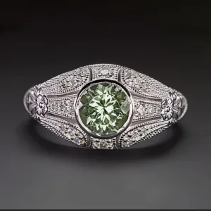 GREEN TOURMALINE DIAMOND VINTAGE STYLE COCKTAIL RING DOME FLORAL 14k WHITE GOLD