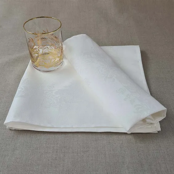 Irish Damask Linen Napkins - Chrysanthemum Design White