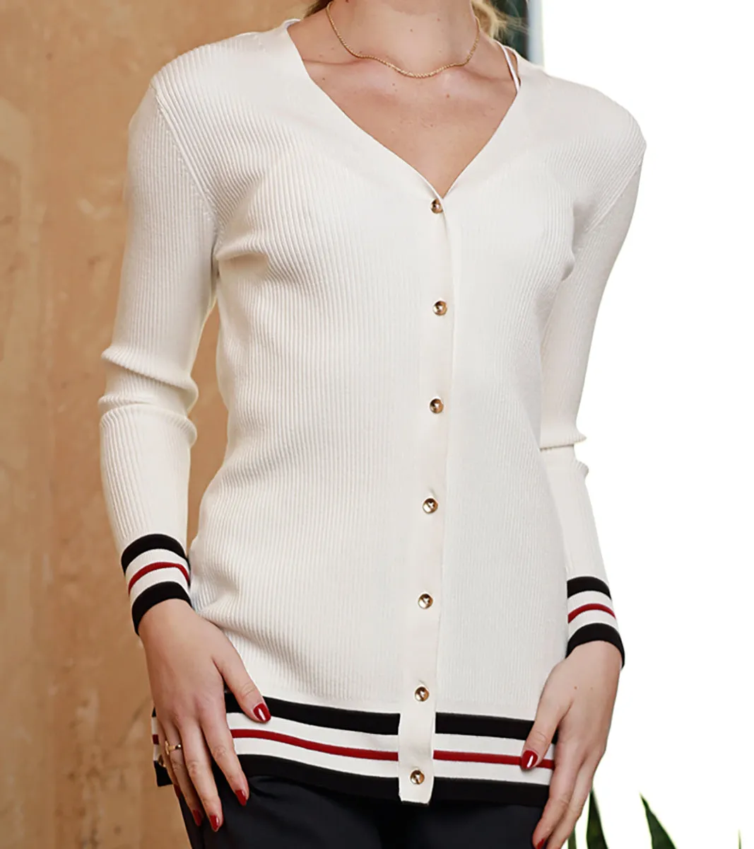 Knit Cardigan with Striped Trim