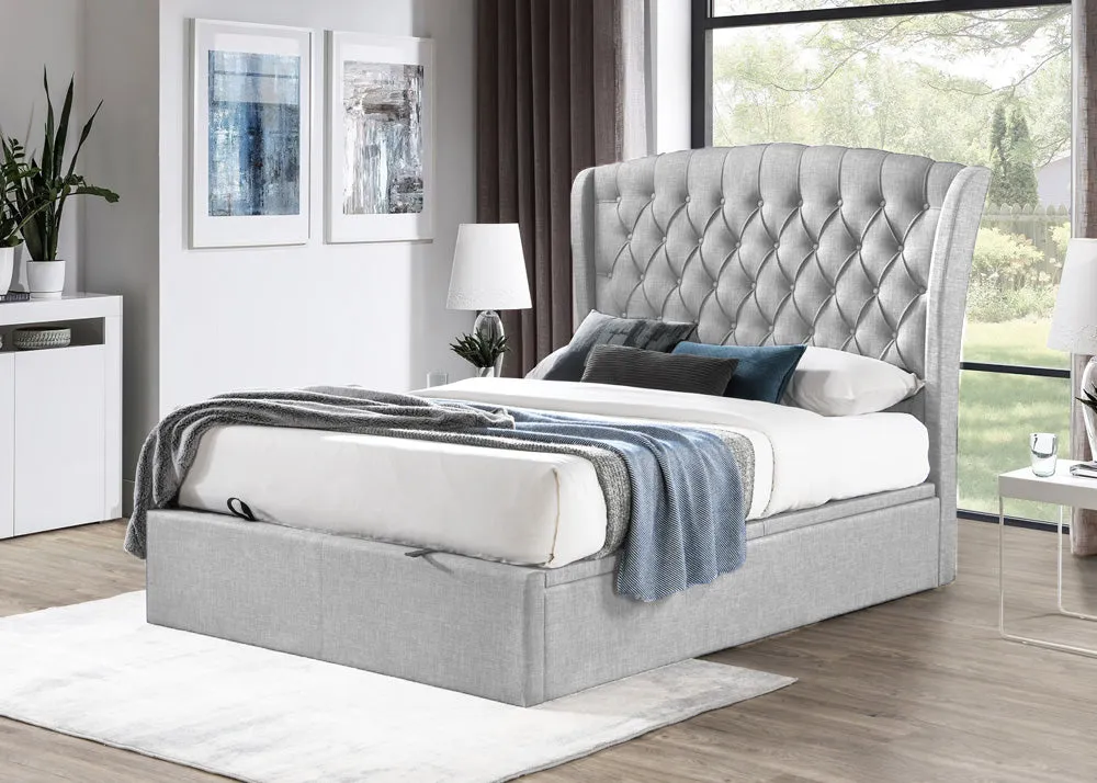 Lusso Fabric Bed Frame with Lift Up Storage Dark Grey / White