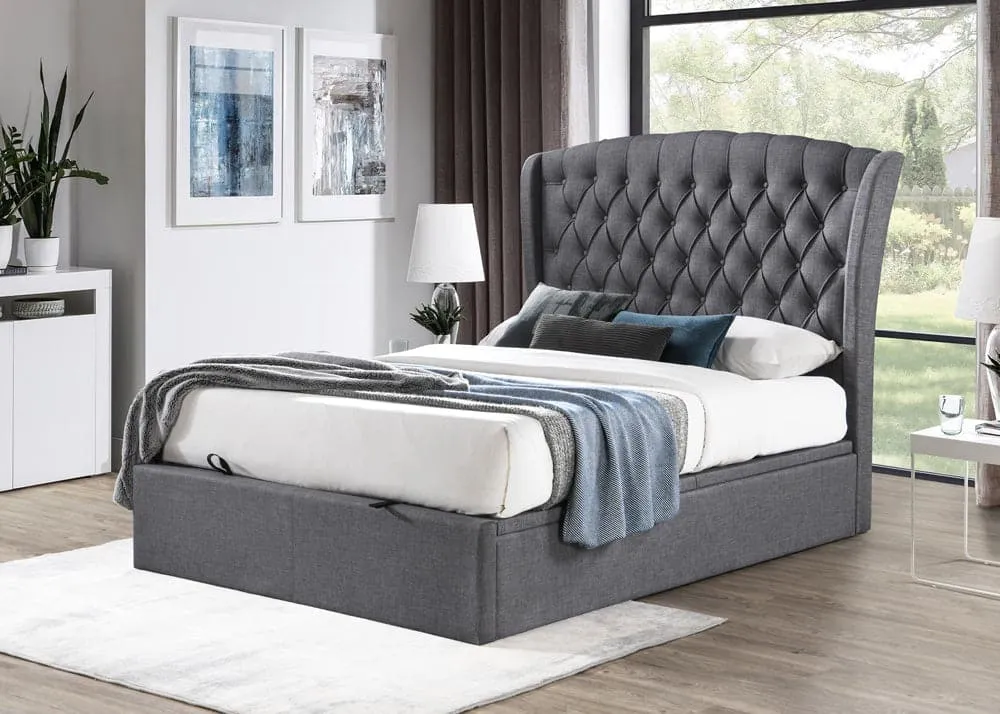 Lusso Fabric Bed Frame with Lift Up Storage Dark Grey / White