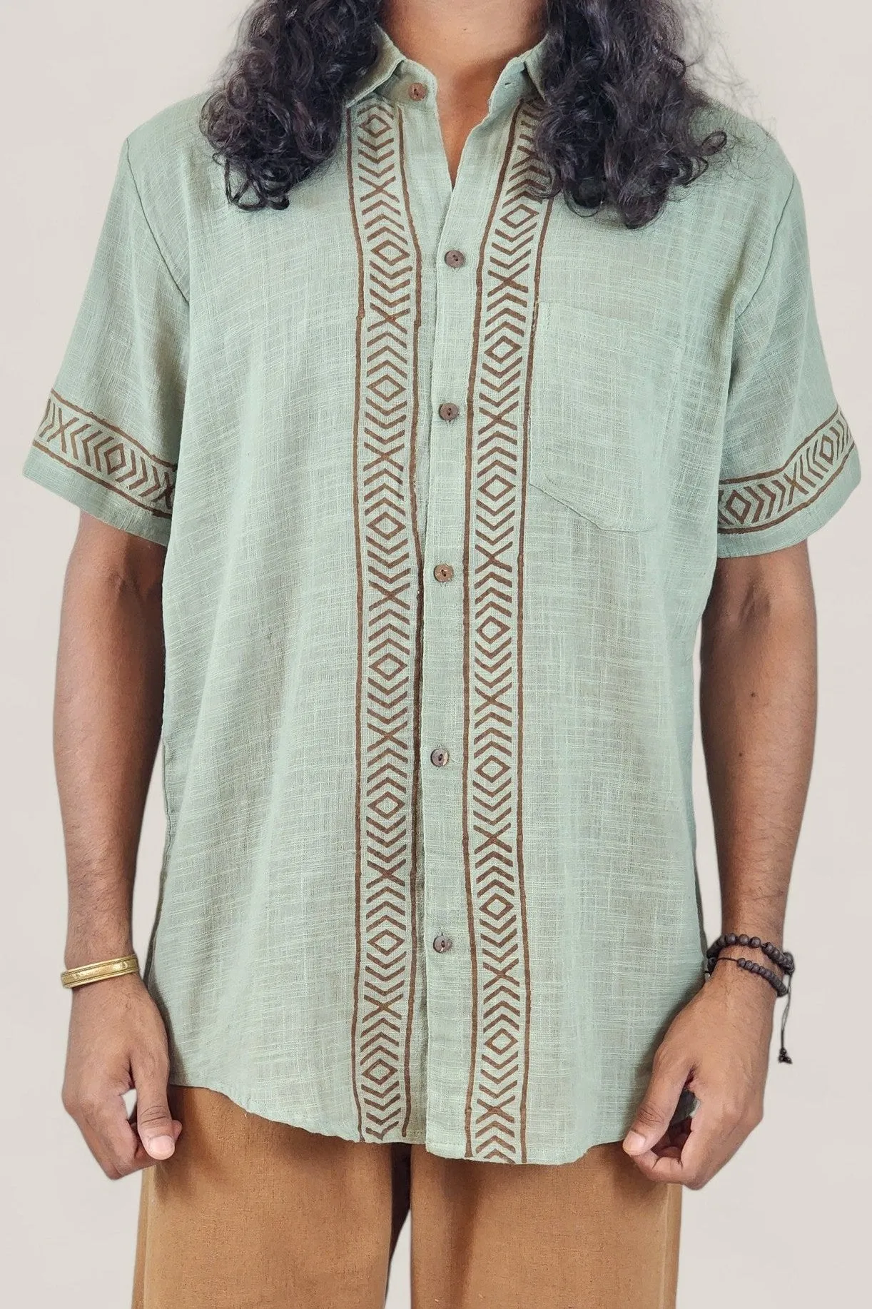 Men's Sage Organic Linen Short Sleeve Block-Printed Button-Down Shirt