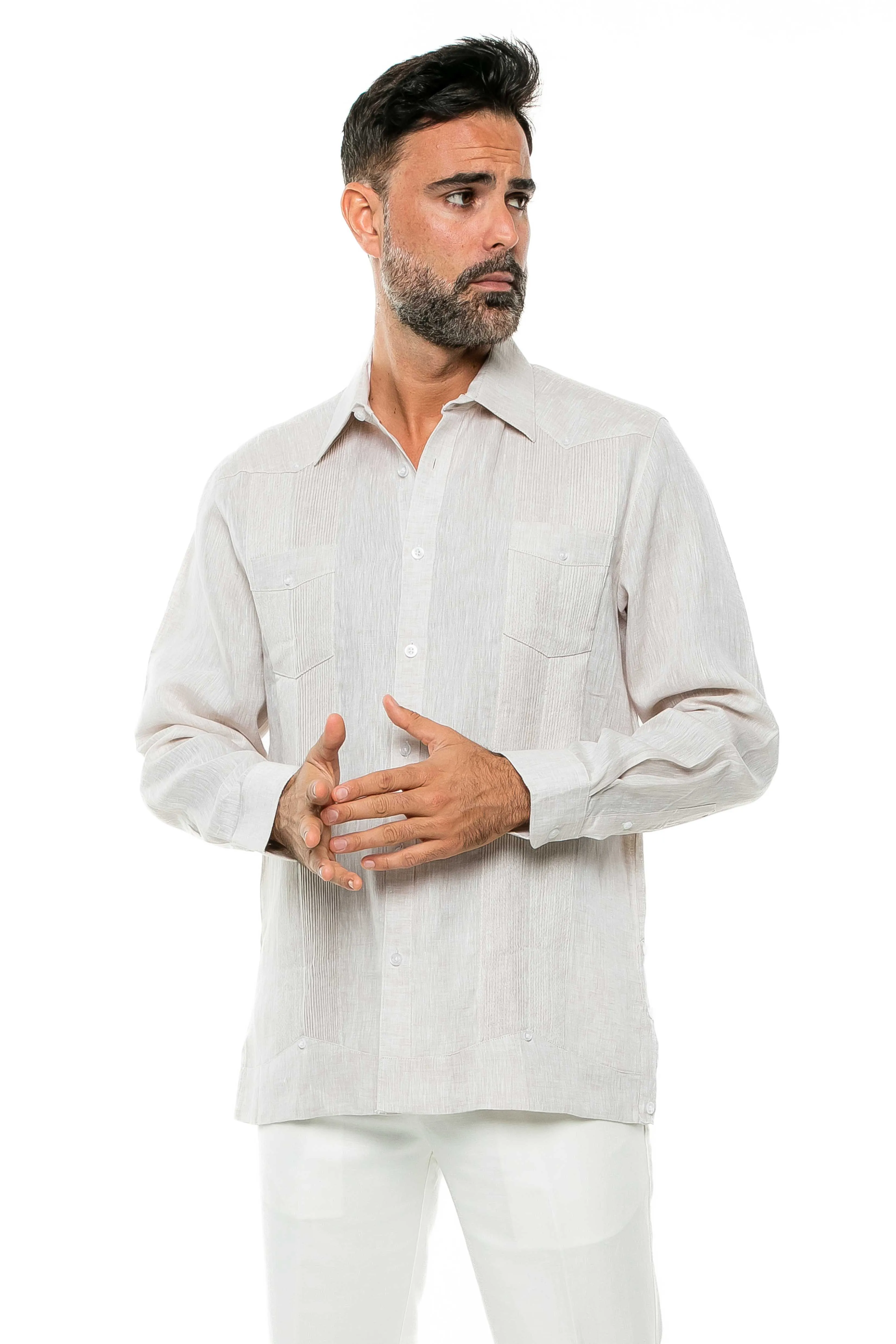 Mojito Men's Yarn Dye 100% Linen Guayabera Shirt Long Sleeve 2 Pocket Design