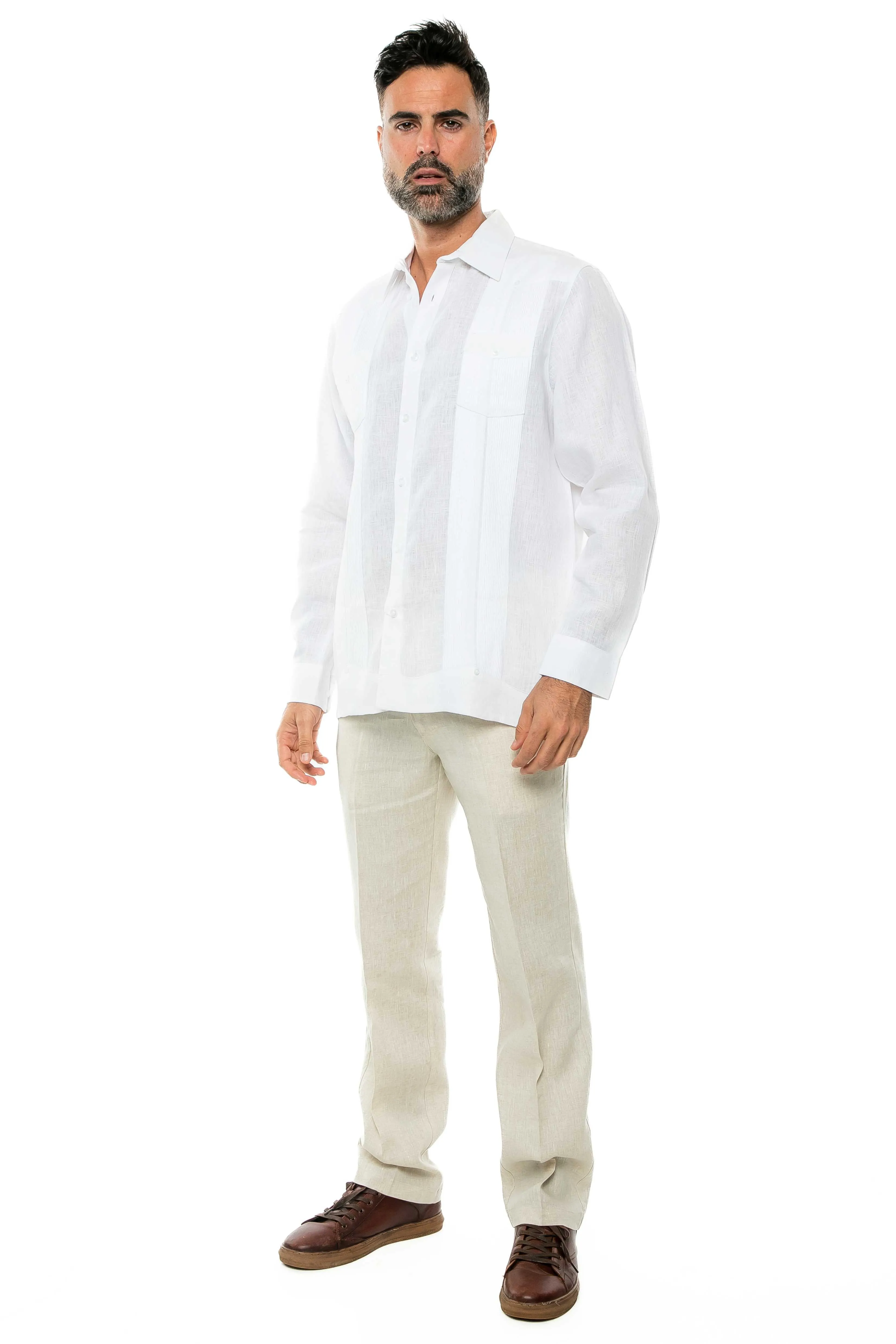 Mojito Men's Yarn Dye 100% Linen Guayabera Shirt Long Sleeve 2 Pocket Design