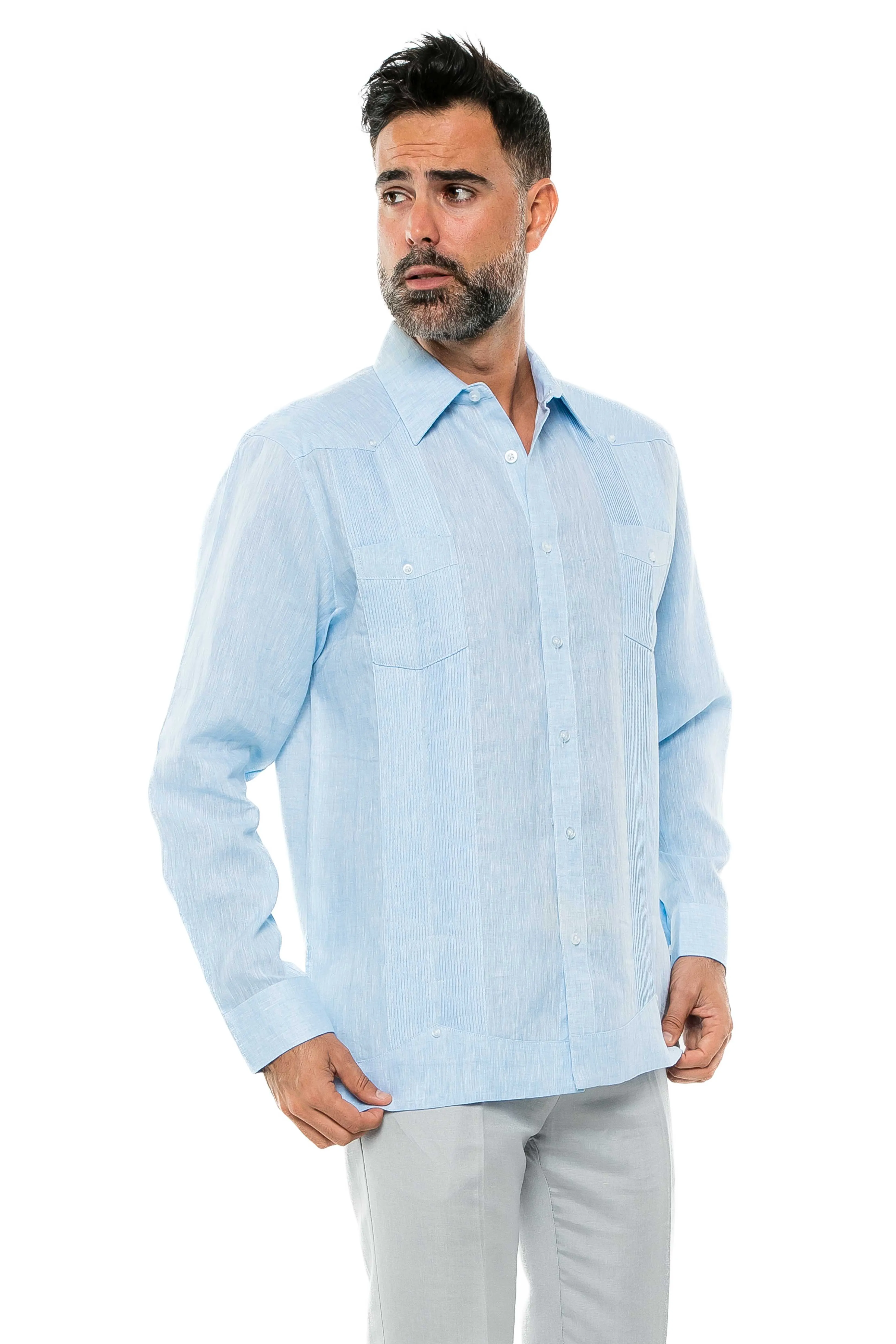 Mojito Men's Yarn Dye 100% Linen Guayabera Shirt Long Sleeve 2 Pocket Design