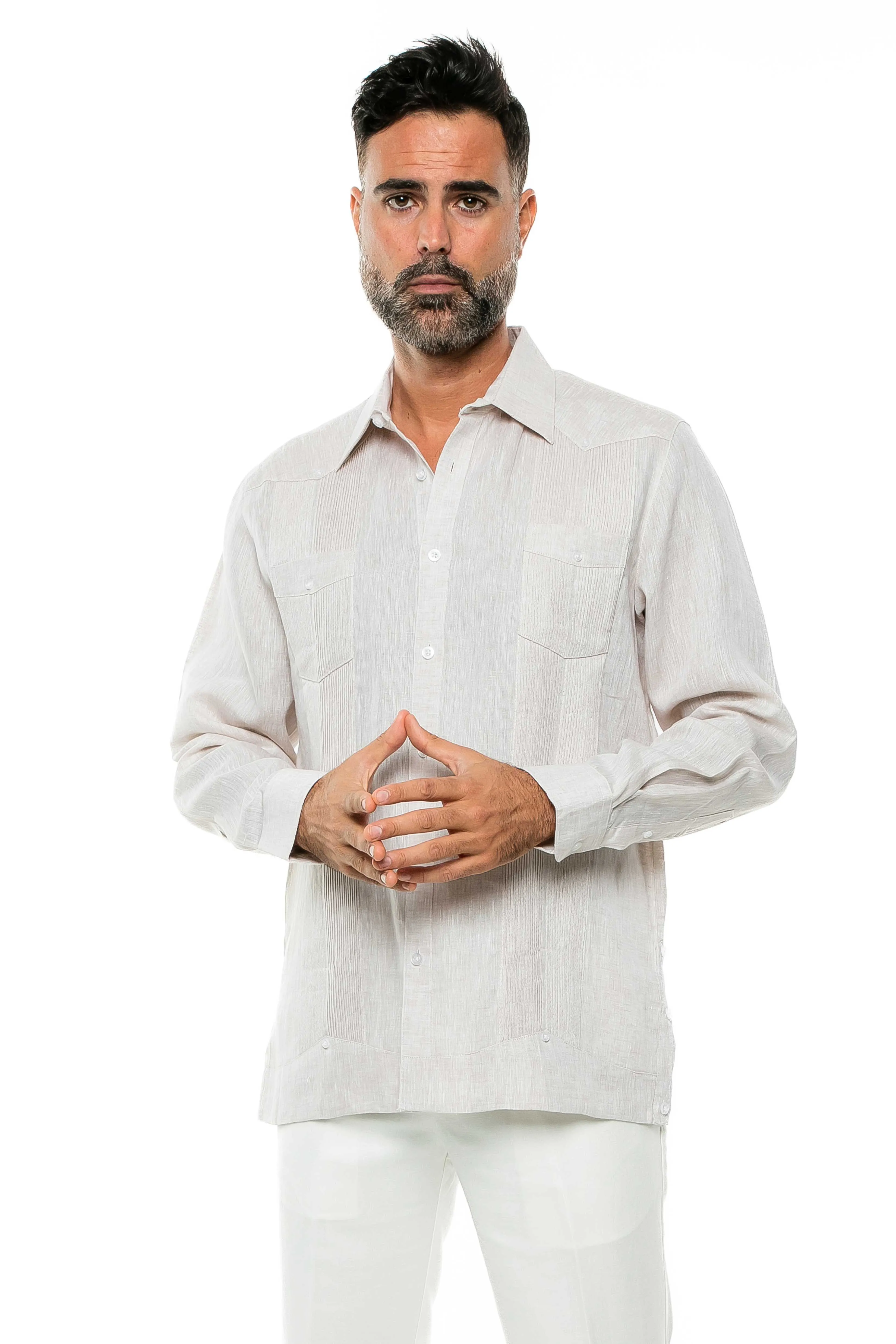 Mojito Men's Yarn Dye 100% Linen Guayabera Shirt Long Sleeve 2 Pocket Design