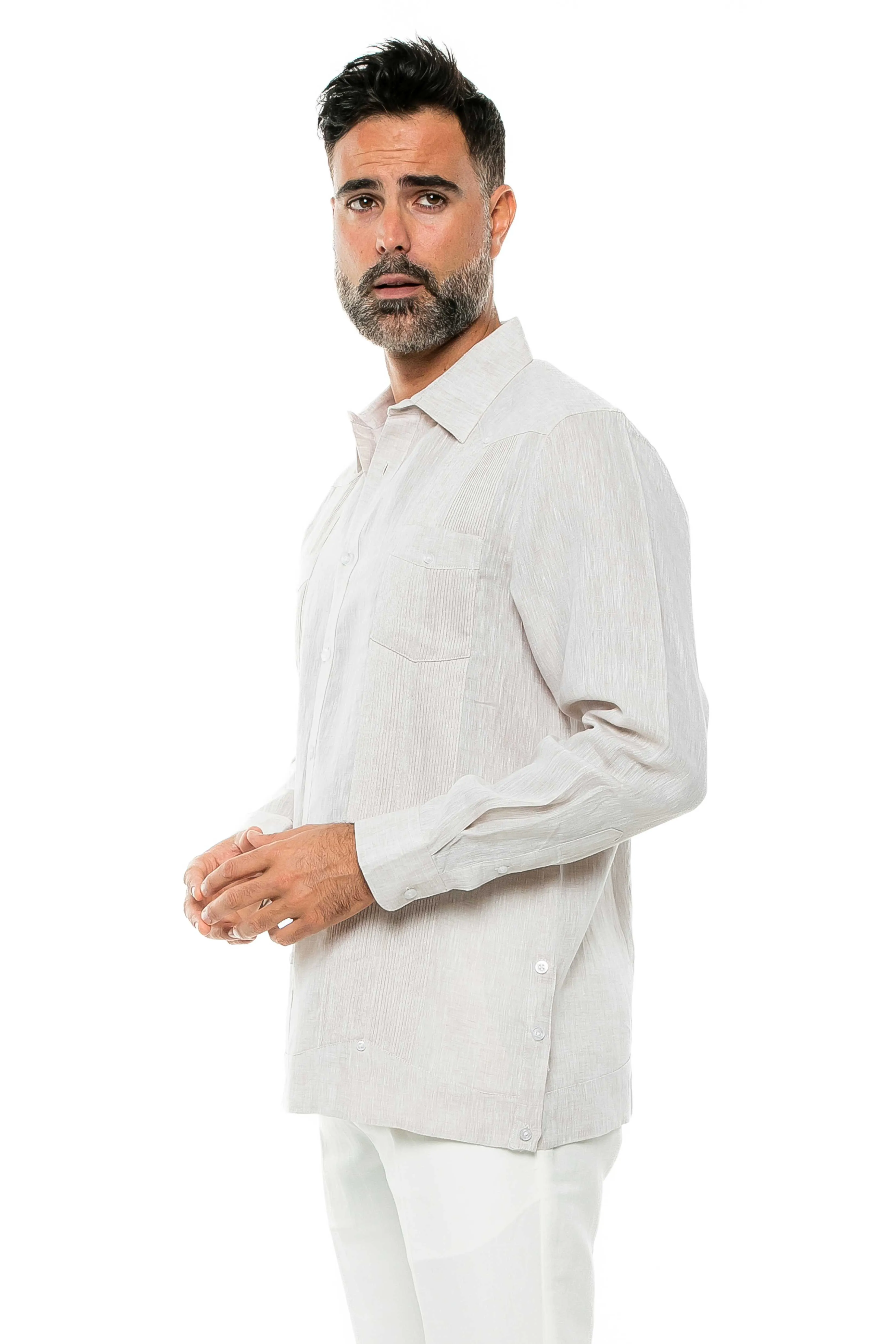 Mojito Men's Yarn Dye 100% Linen Guayabera Shirt Long Sleeve 2 Pocket Design