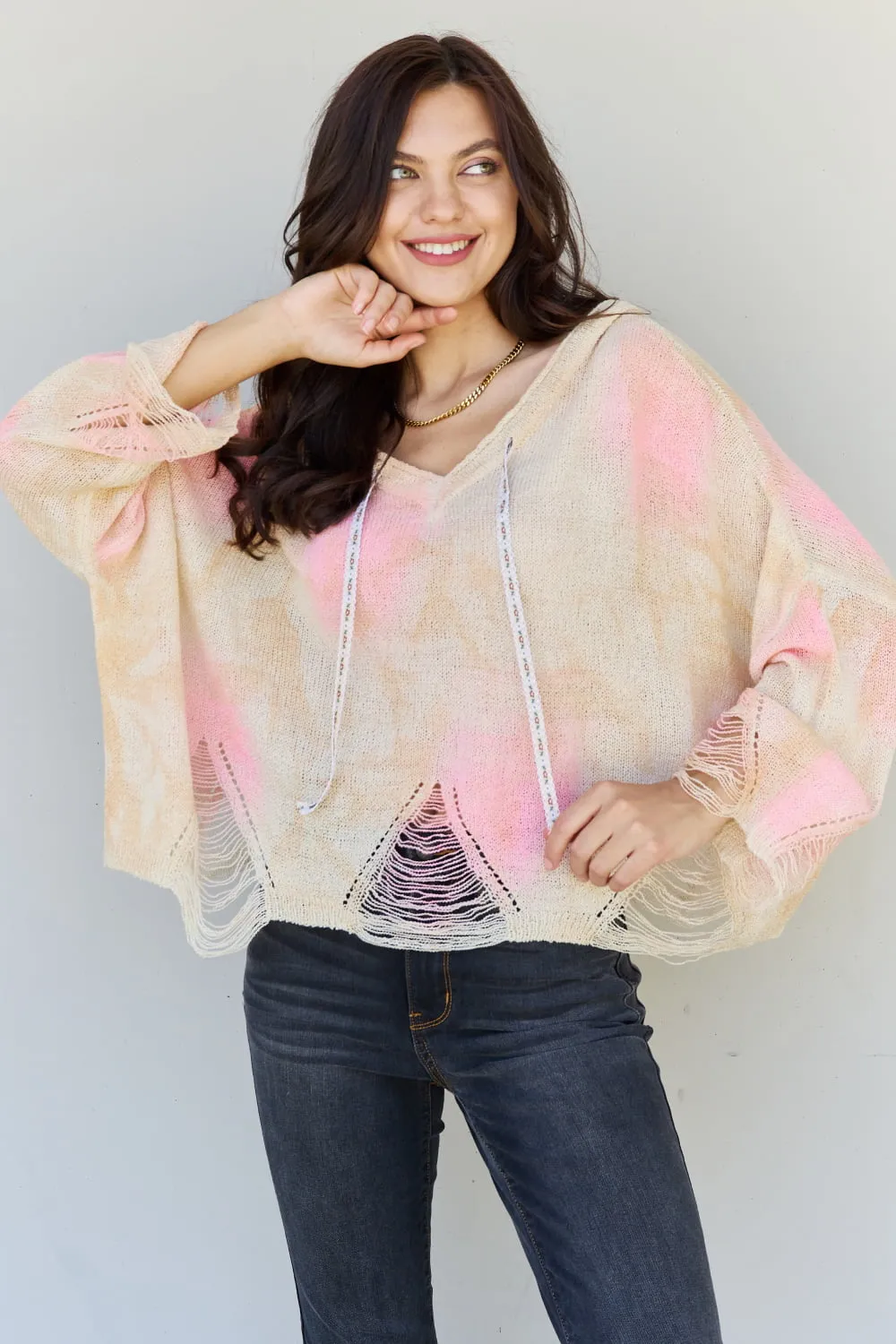 POL Mix It Up Tie Dye Hooded Distressed Sweater in Ivory/Pink