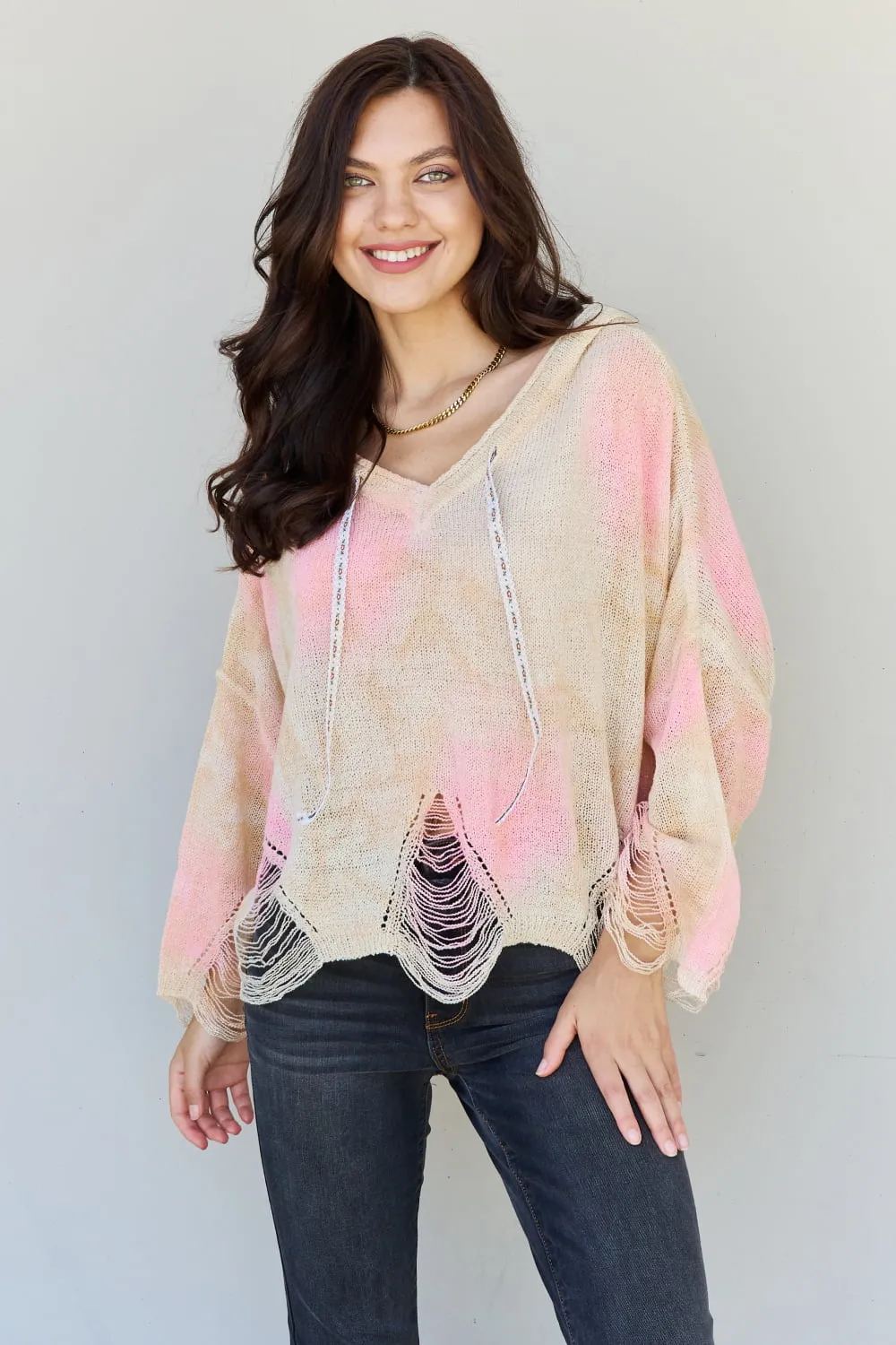 POL Mix It Up Tie Dye Hooded Distressed Sweater in Ivory/Pink