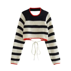 Pre Order:  Backless Stripes Knit Cropped Sweater