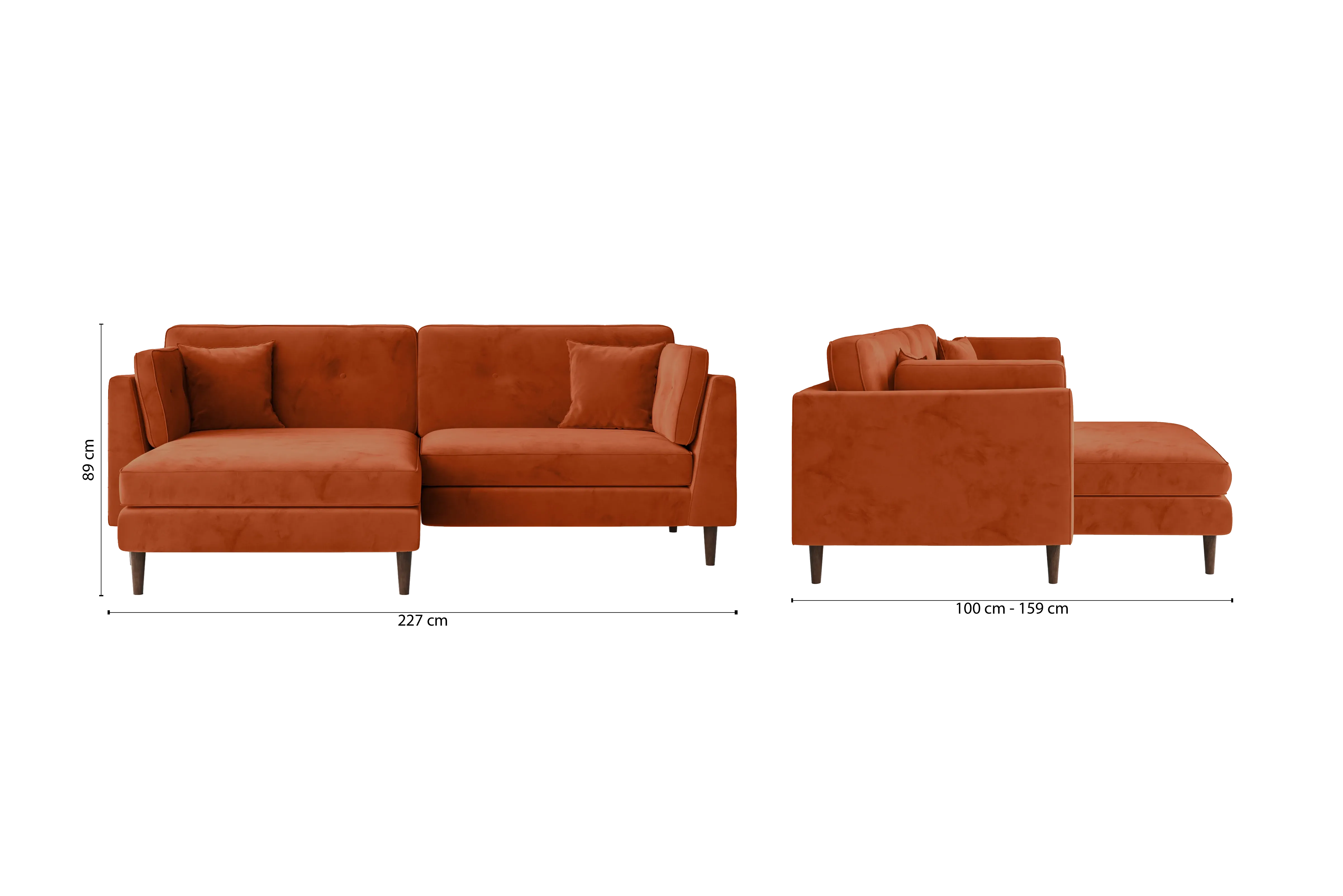 Ragusa 3 Seater Left Hand Facing Chaise Lounge Corner Sofa Orange Velvet