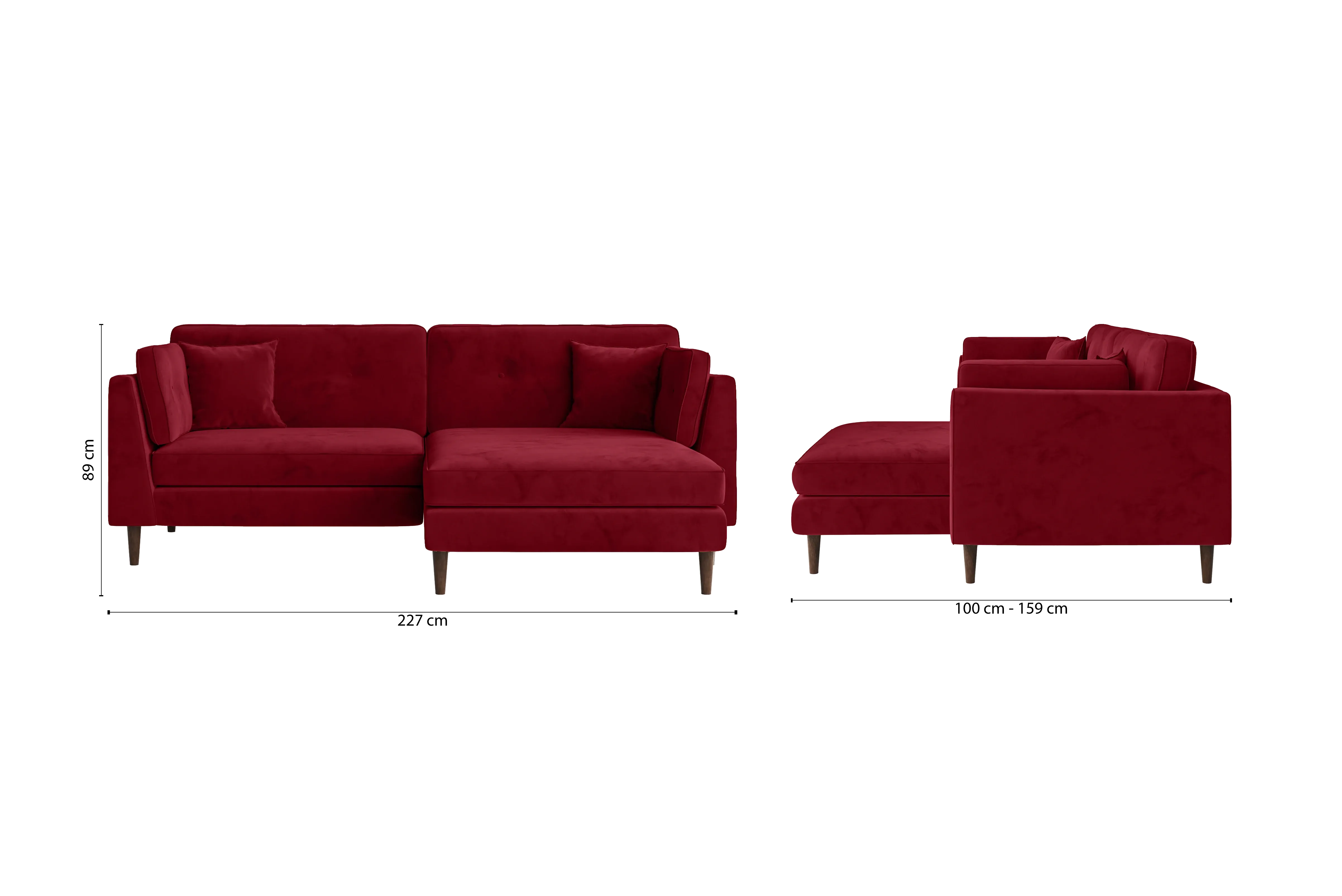 Ragusa 3 Seater Right Hand Facing Chaise Lounge Corner Sofa Red Velvet