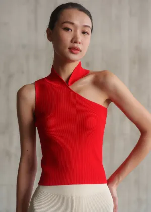 Sleeveless Asymmetrical Knitted Qipao Top (Red)