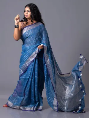 Stylish True Blue Allover Check Linen Saree