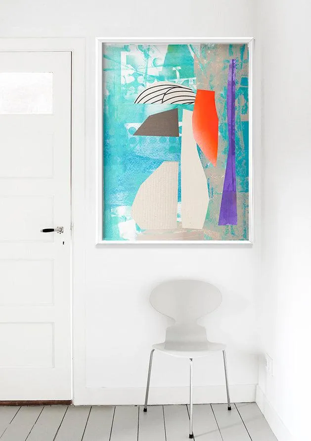 Teal blue flower vase print, abstract painting print, collage print, minimalist art