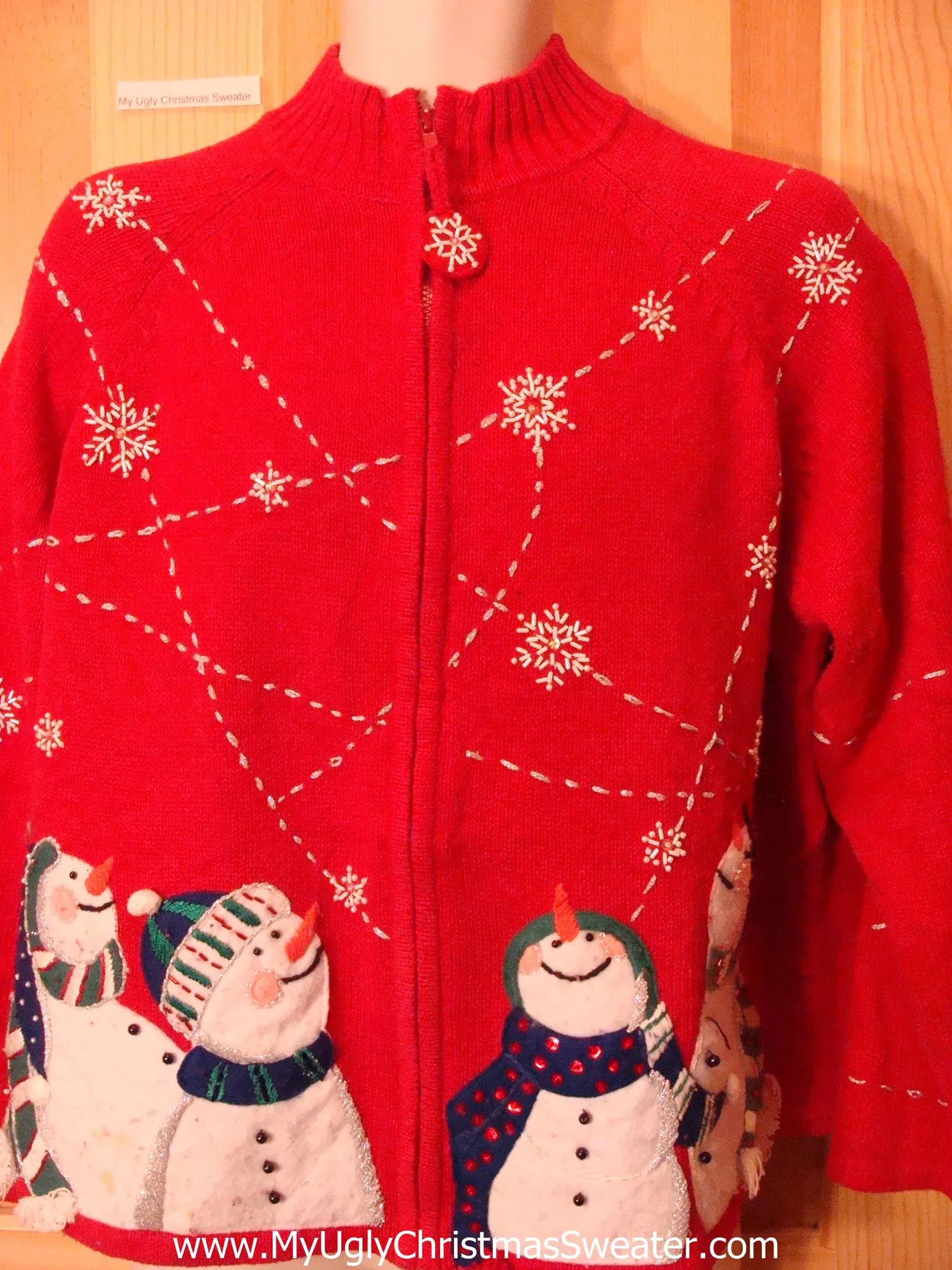 Ugly Red  Christmas Sweater Snowmen and Snowflakes