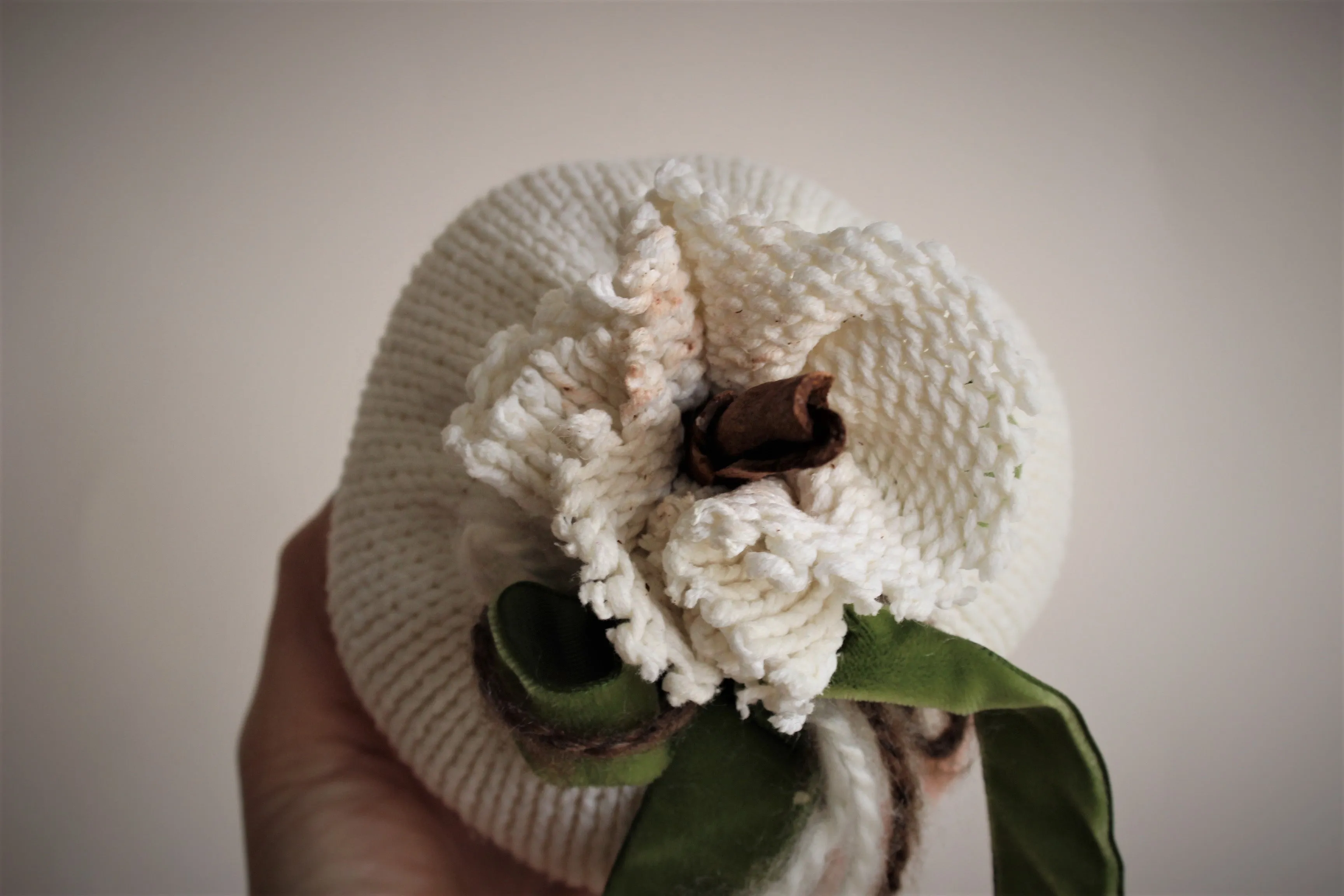 White Knit Pumpkin PIllow Pouf, Cinnamon Stick Stem