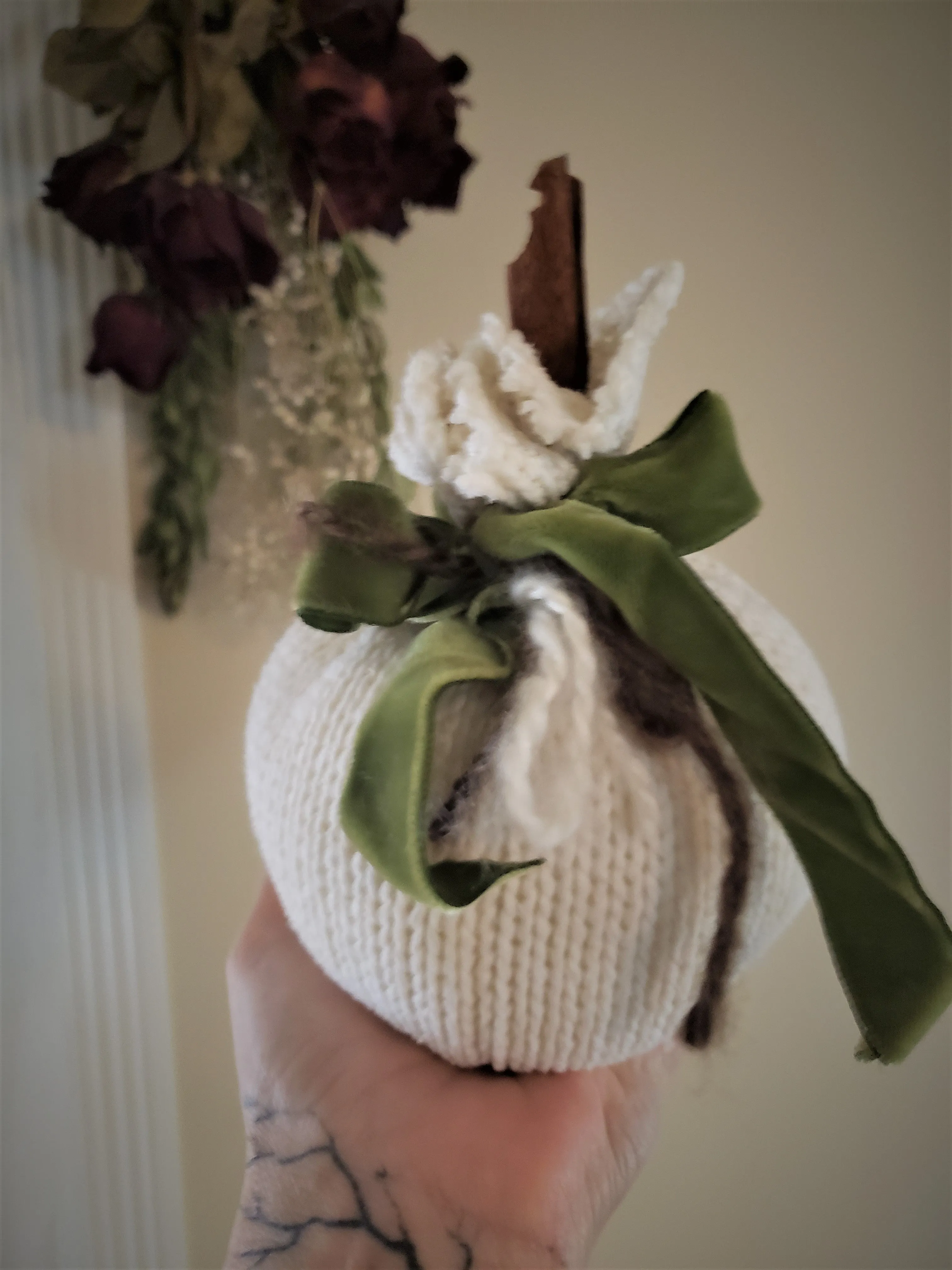 White Knit Pumpkin PIllow Pouf, Cinnamon Stick Stem