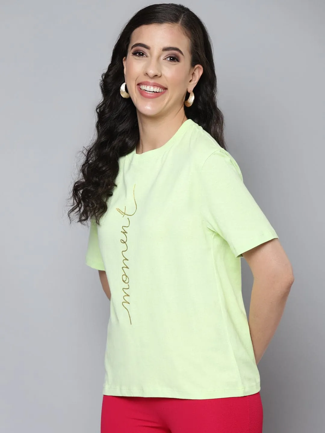 Women Mint Green Moment Gold Foil Regular T-Shirt