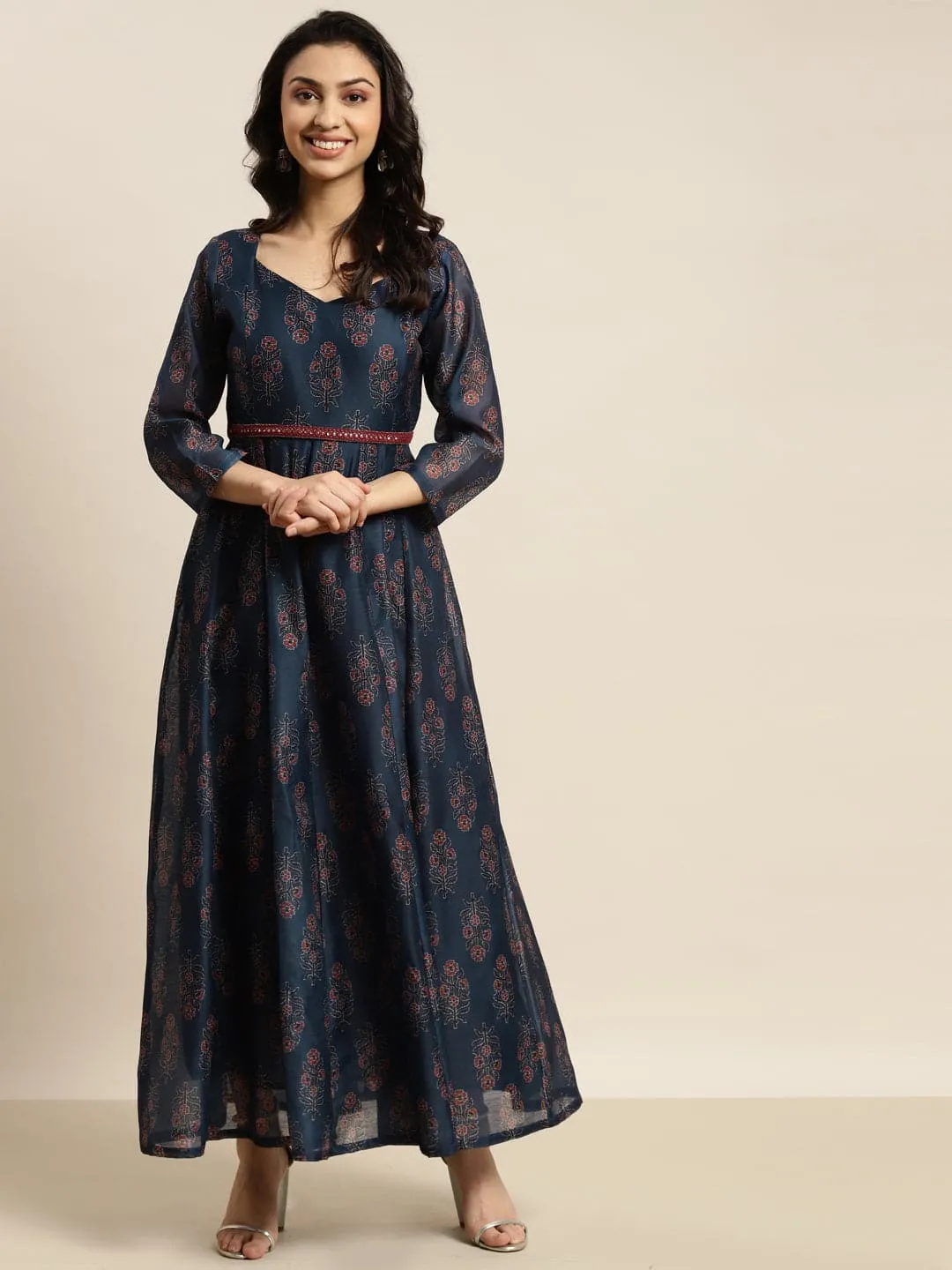 Women Navy Chanderi Floral Sleeveless Anarkali Maxi Dress