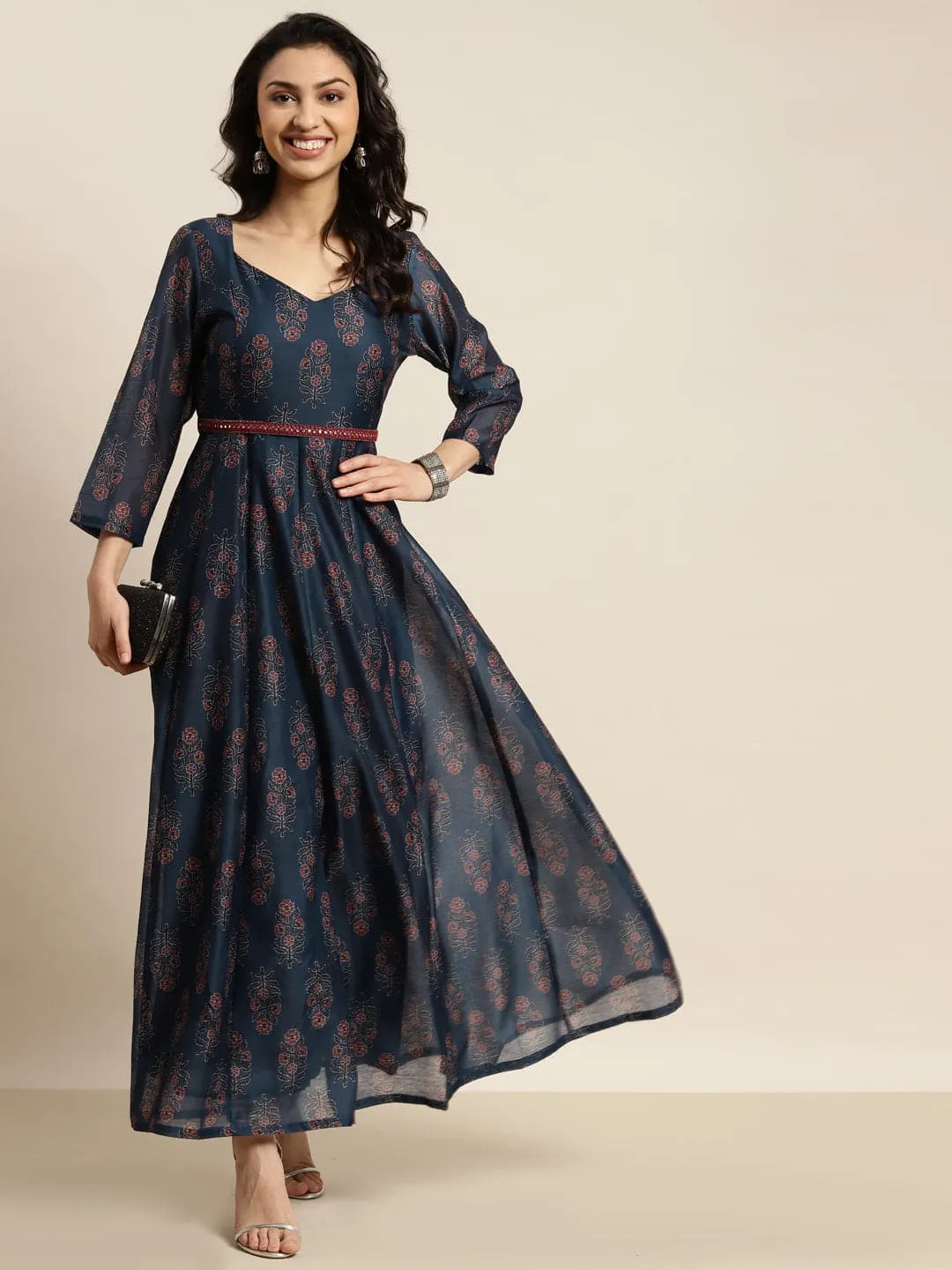 Women Navy Chanderi Floral Sleeveless Anarkali Maxi Dress