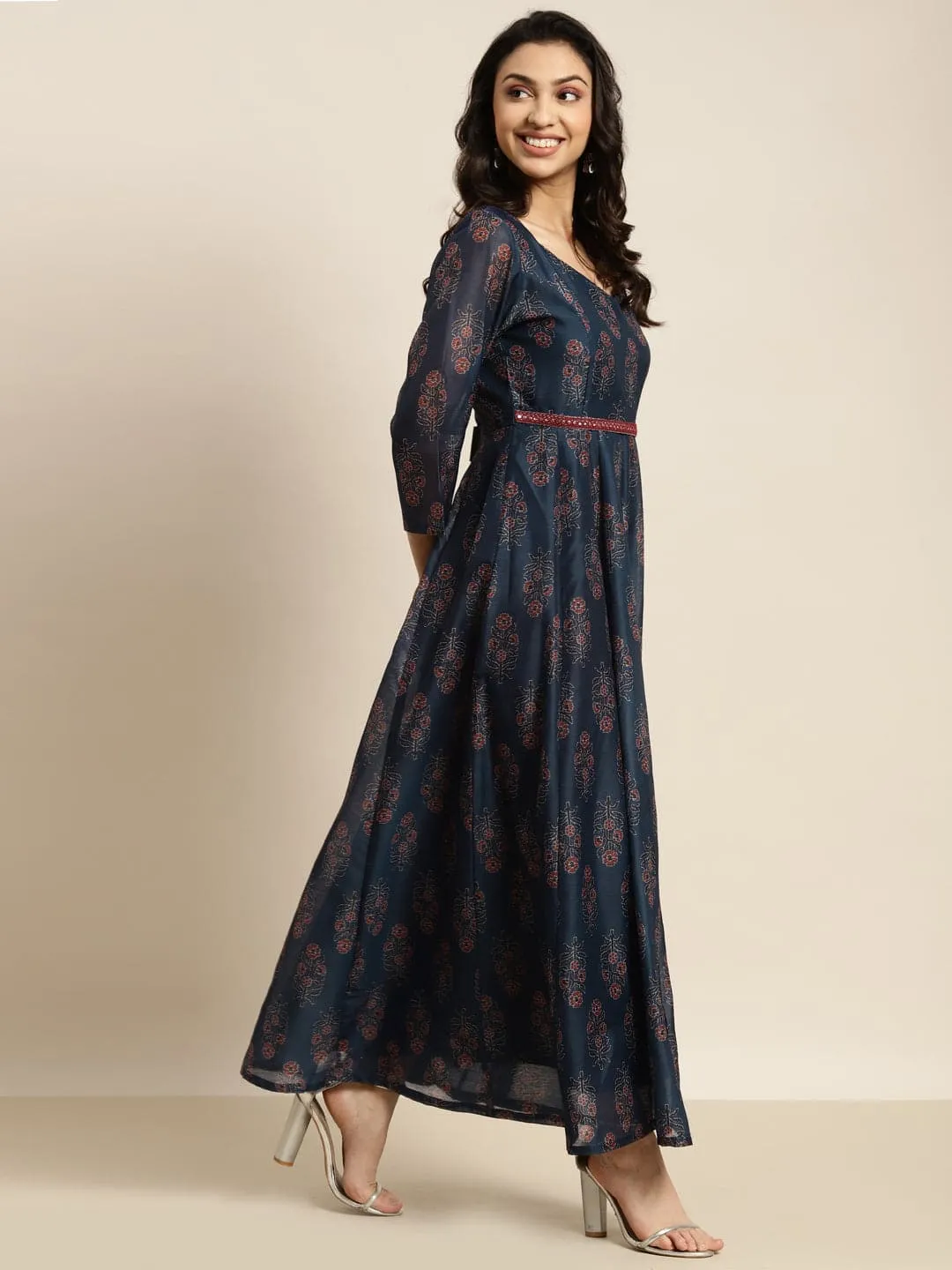 Women Navy Chanderi Floral Sleeveless Anarkali Maxi Dress