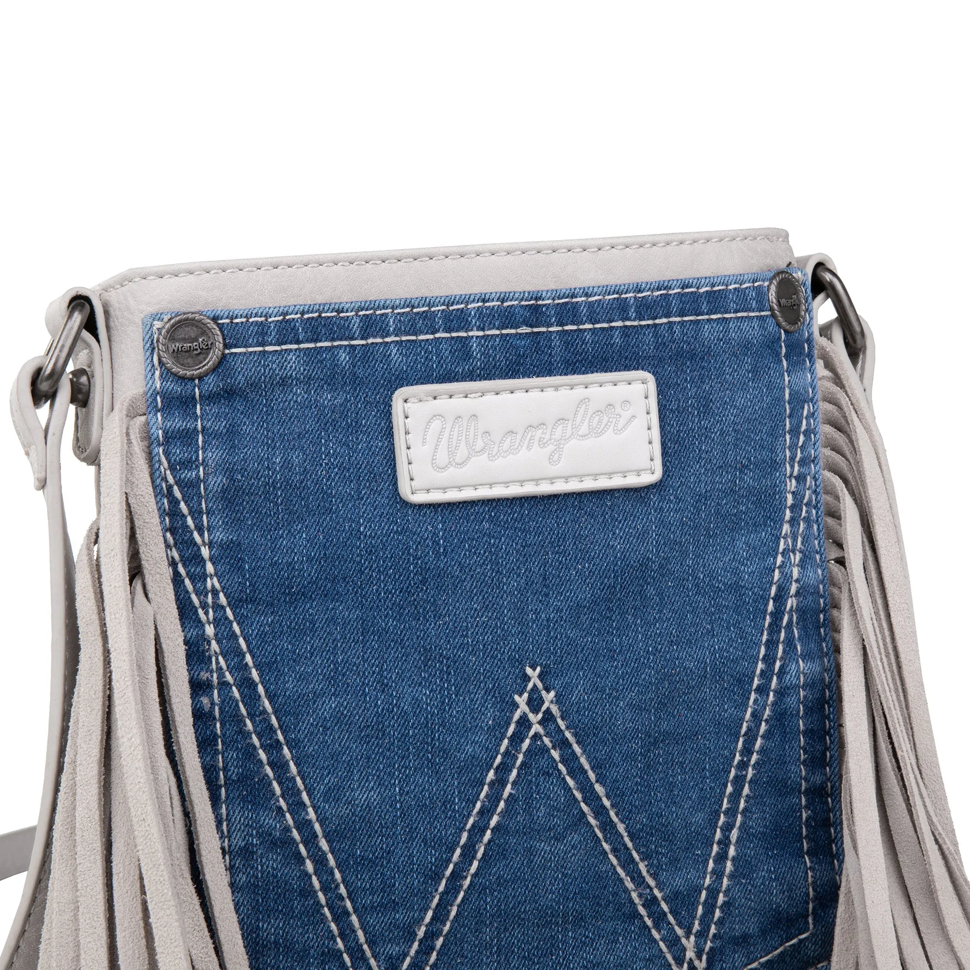 Wrangler Leather Fringe Jean Denim Pocket Crossbody