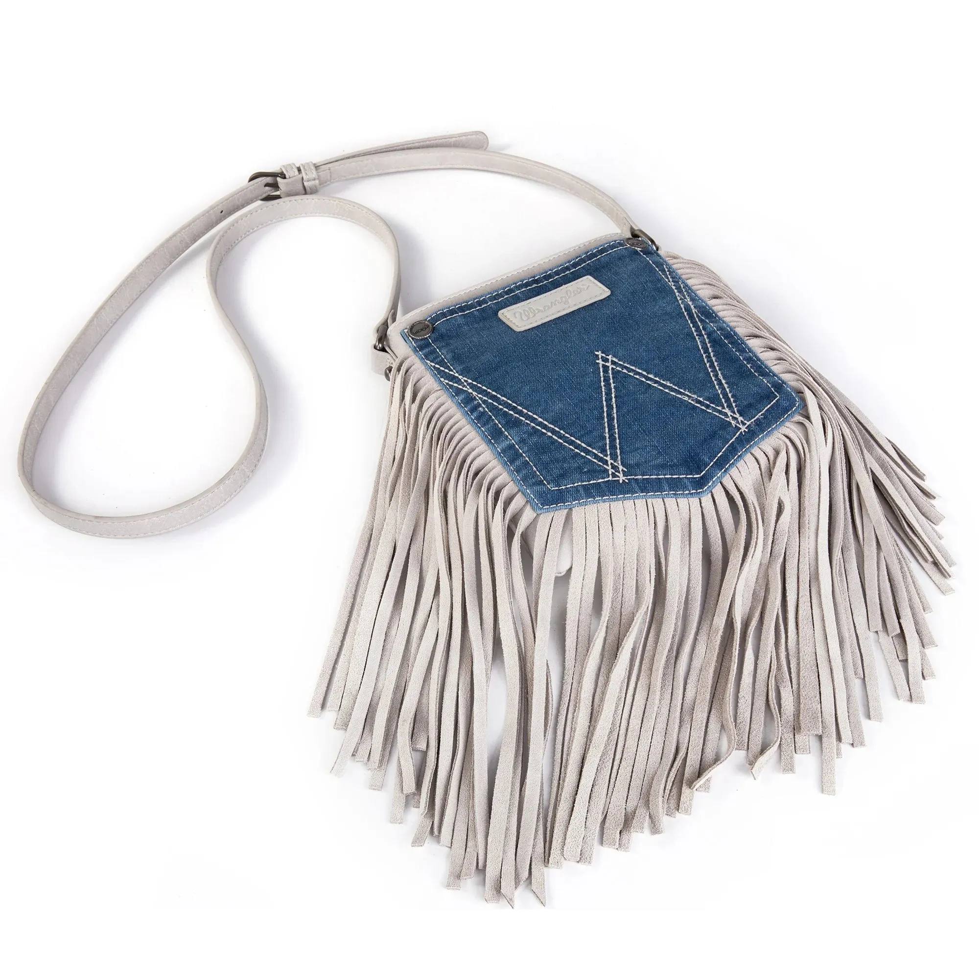 Wrangler Leather Fringe Jean Denim Pocket Crossbody