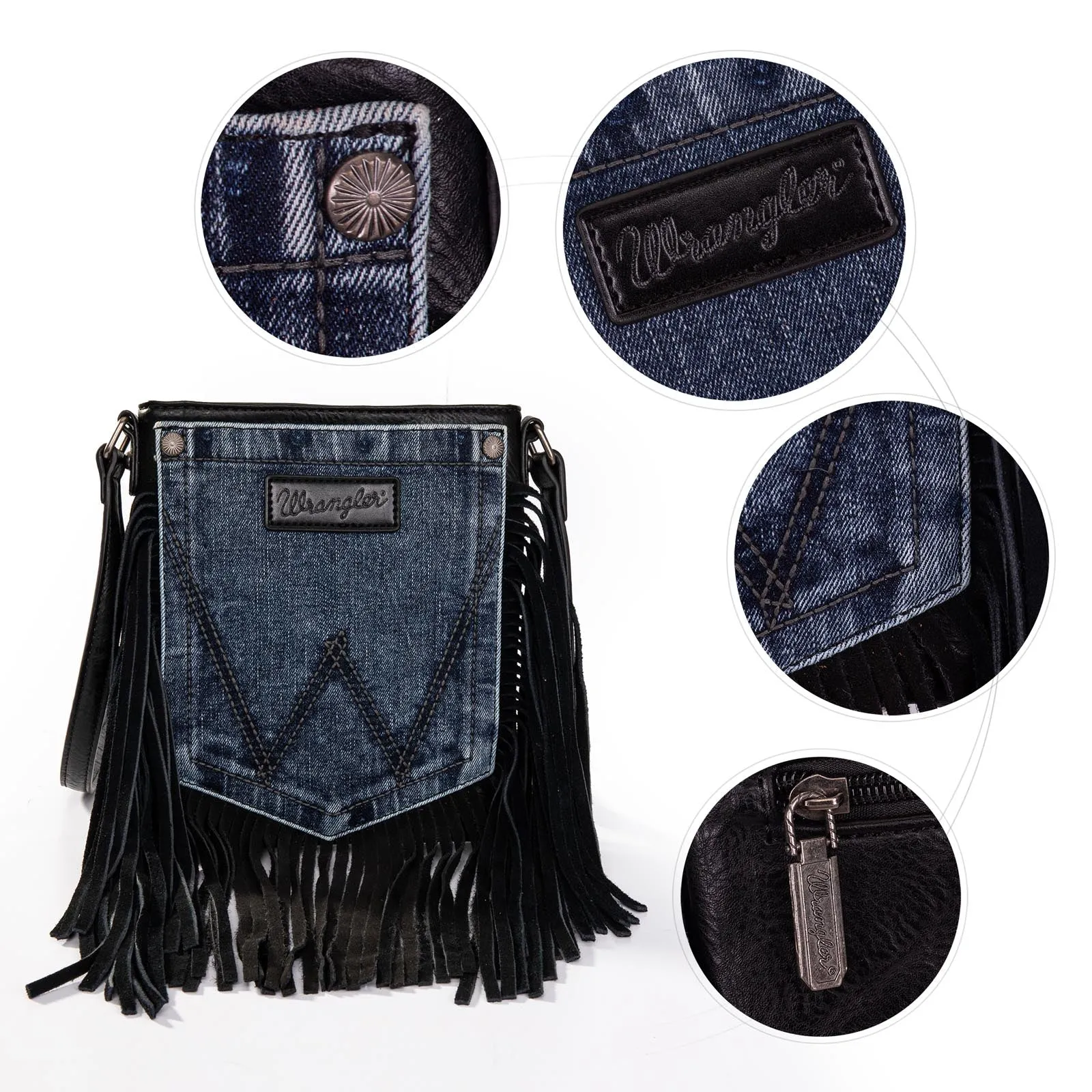 Wrangler Leather Fringe Jean Denim Pocket Crossbody